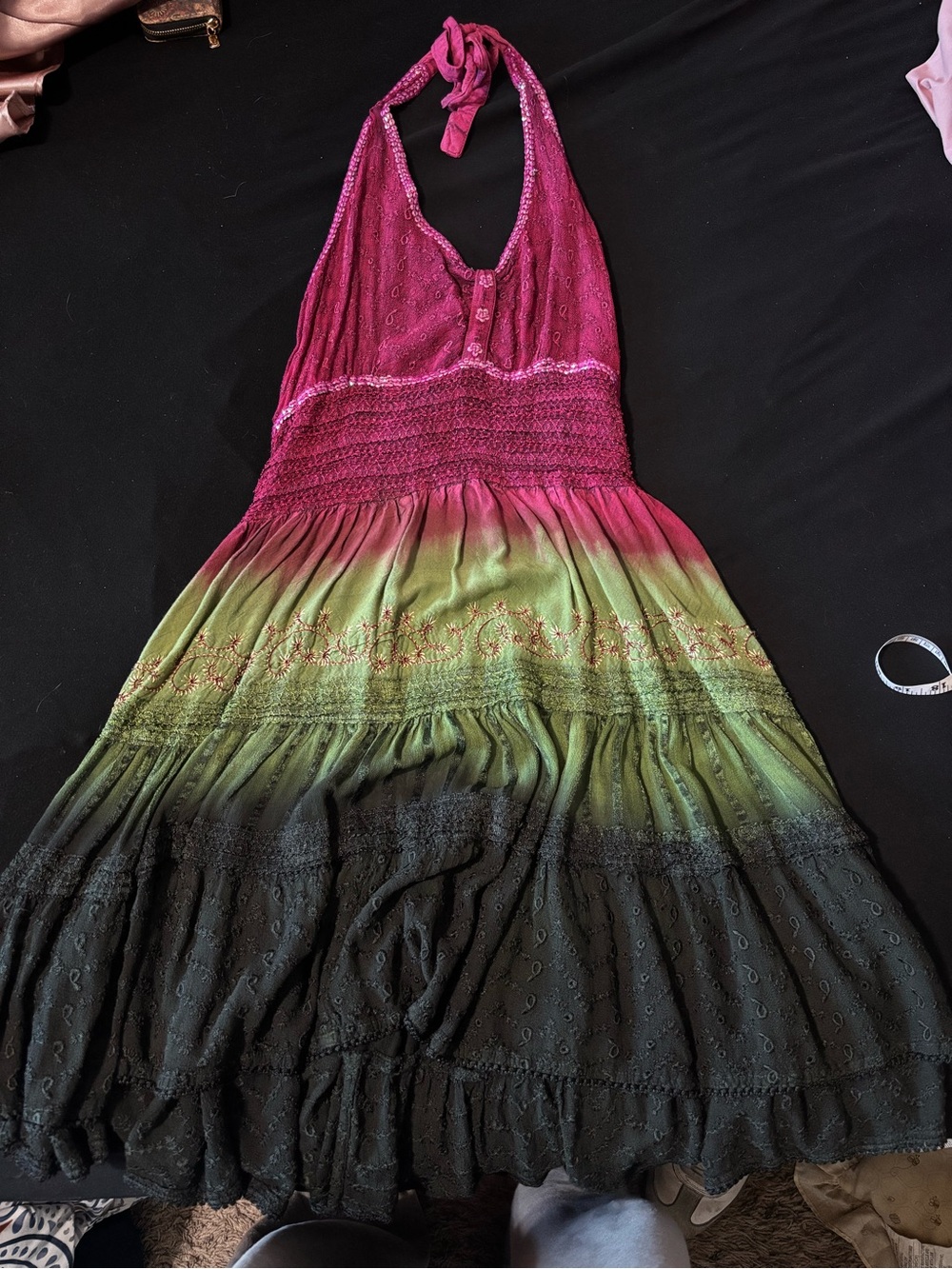 Tie-Dye Halter Maxi Dress in Magenta, Green & Black